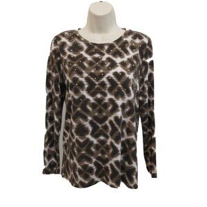 Rafaella Weekend T-Shirt Size Medium Brown White Geometric Studded Round Neck LS